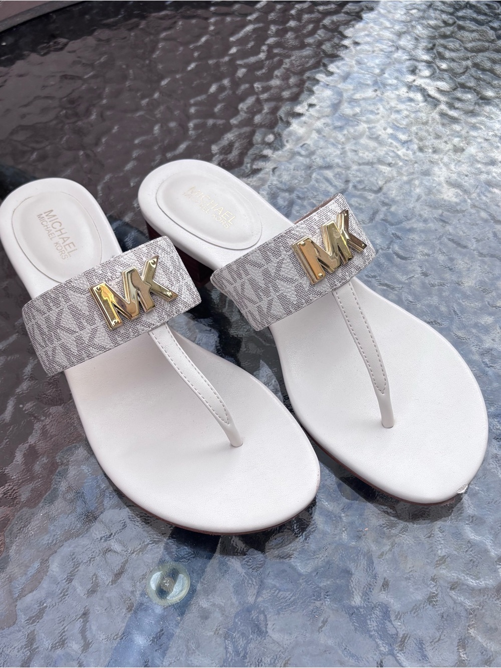 Michael Kors White Cream MK Logo Thong Sandals - 1 1/4” Heel